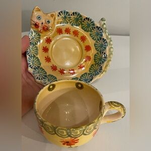 Modigliani Via Condotti Roma Vintage Hand-Painted Cat Saucer & Cup Set